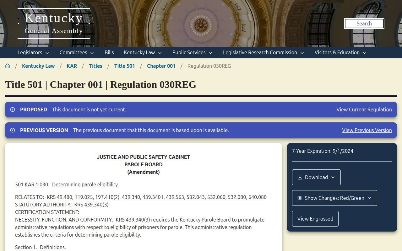 Kentucky parole eligibility regulation used in projected release calculations